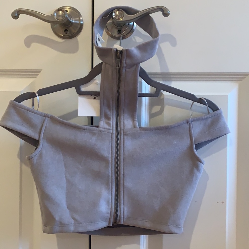 LF Suede Pale Gray Zipper Crop Top